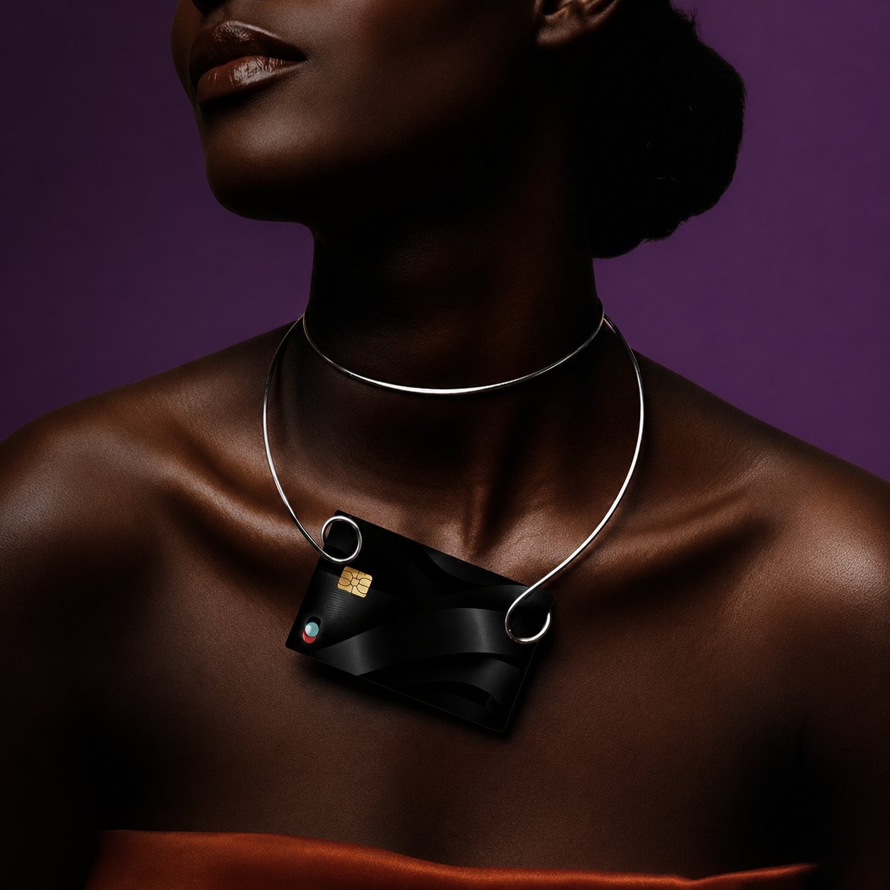 A Blink card worn as a statement necklace against bare shoulders