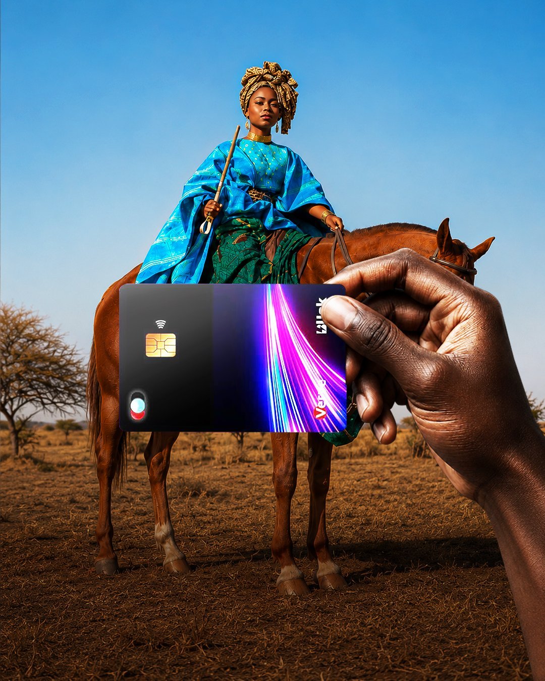 A woman in traditional Yoruba regalia on horseback at the Ojude Oba festival, with a Blink card held in the foreground
