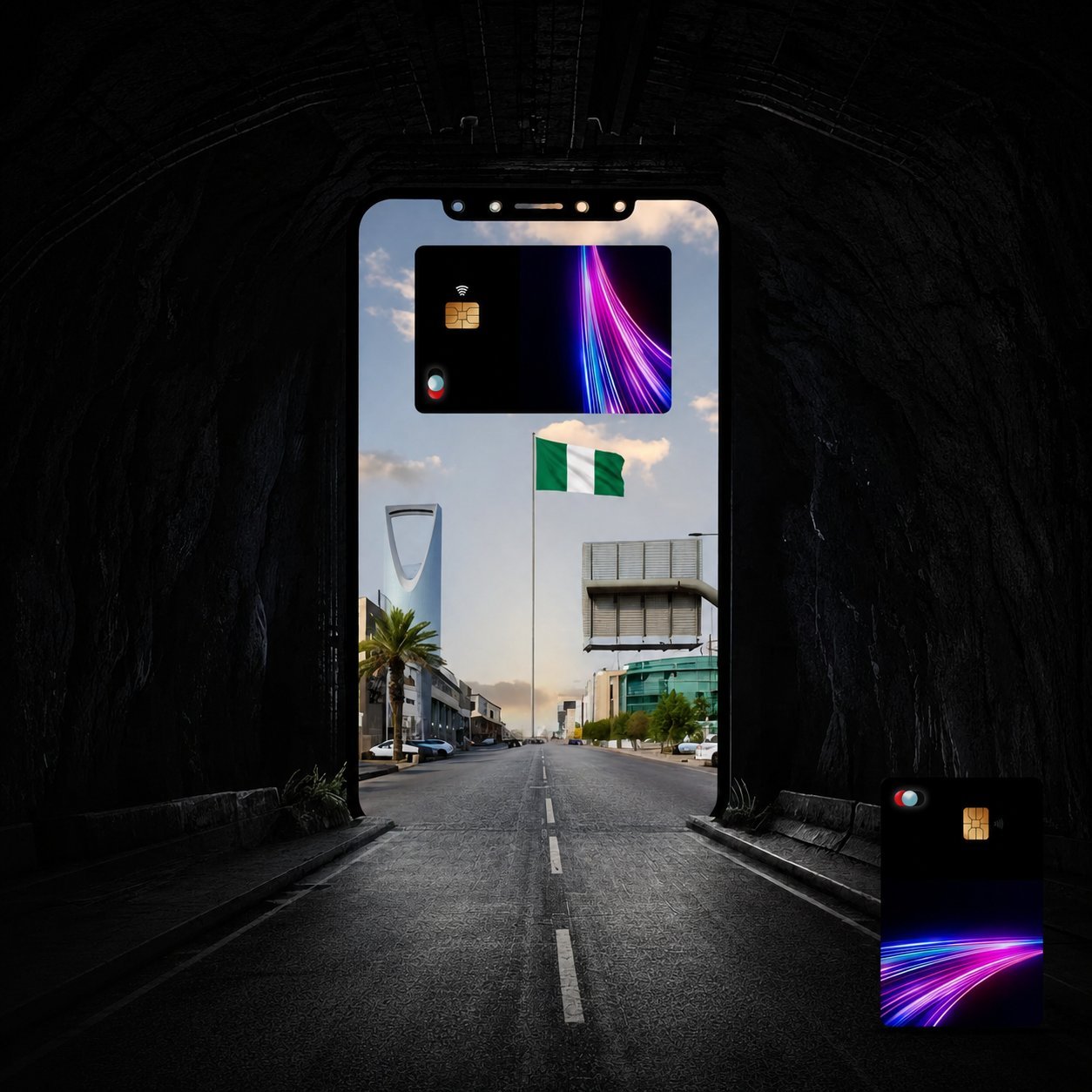Blink travel card in Nigeria — phone screen revealing a Lagos street scene, representing arrival in Nigeria